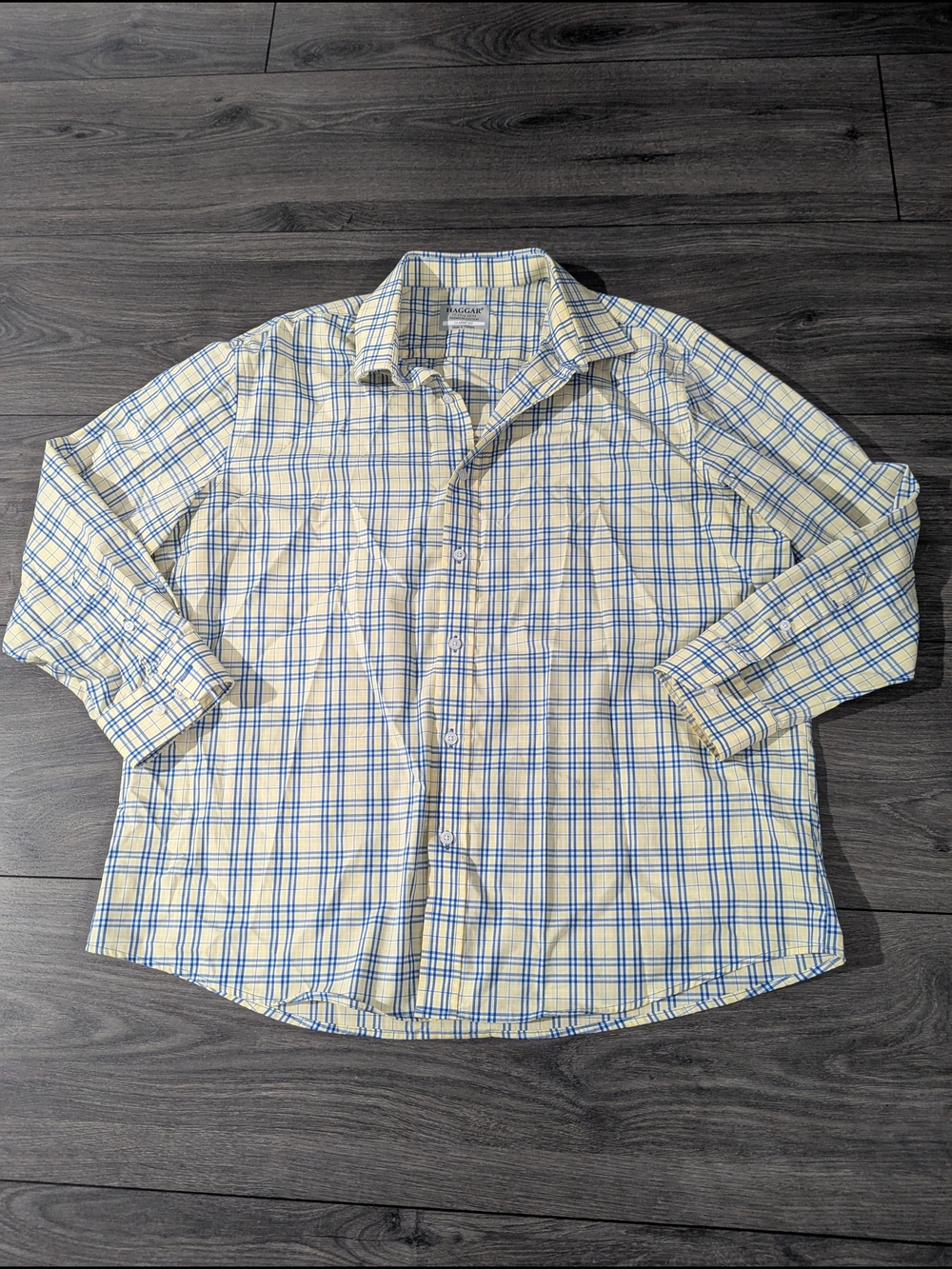 Haggar Yellow and Blue Plaid Long-Sleeve Button-Down Shirt
